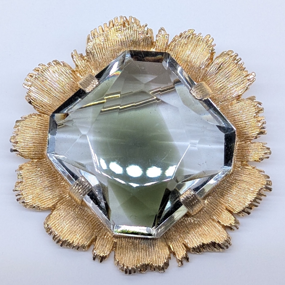Emmons Clear Green Givre Brooch Chunky Molded Glass Prong Set Pin, Signed